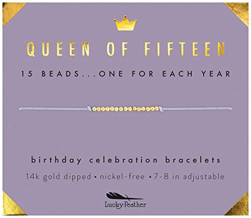 Book Cover Lucky Feather Quinceanera Gifts for 15 Year Old Girls; 15th Birthday Bracelet with 15 14K Gold Dipped Beads Marking Each Year on Adjustable Cord