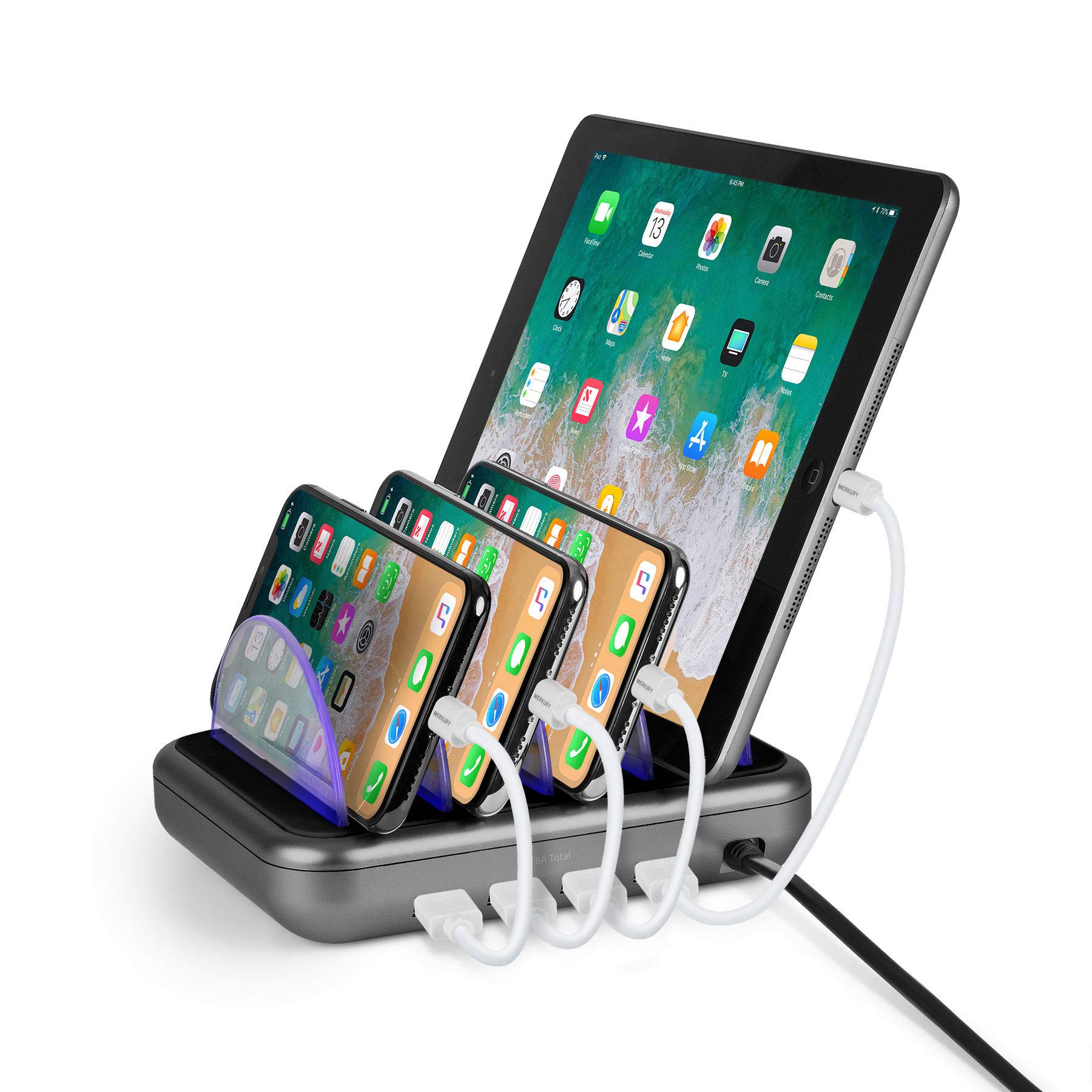 Book Cover Merkury Innovations 4.8 Amp 4-Port USB Charging Station Fast Charge Docking Station for Multiple Devices - Multi Device Charger Organizer - Compatible with Apple iPad iPhone and Android (Black/Grey)