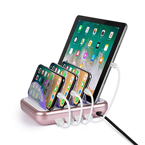 Book Cover Merkury Innovations 4.8 Amp 4-Port USB Charging Station Fast Charge Docking Station for Multiple Devices - Multi Device Charger Organizer - Compatible w Apple iPad iPhone and Android,White/Rose Gold