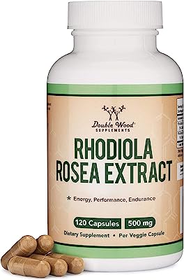 Book Cover Rhodiola Rosea Supplement 500mg, 120 Vegan Capsules (Made and Tested in The USA, 3% Salidrosides, 1% Rosavins Extract) Natural Stress Relief Pills by Double Wood Supplements