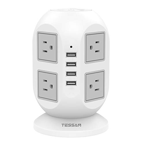Book Cover Power Strip Tower TESSAN Surge Protector 8 AC Outlets with 4 USB Ports Charging Station Long Extension Cord 10 Feet, Widely Spaced Multi Outlets, Circuit Breaker Safeguard for Home Office Dorm Room