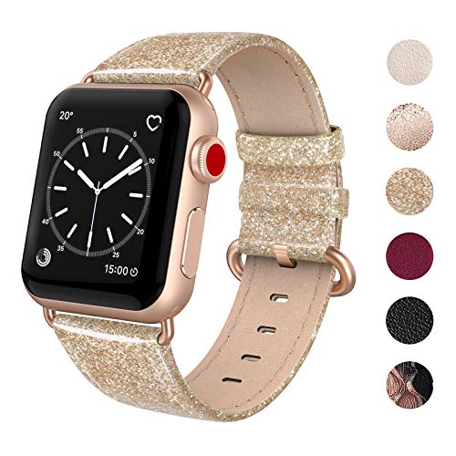 Book Cover SWEES Leather Band Compatible for Apple Watch 38mm 40mm, Genuine Leather Shiny Glitter Strap Compatible iWatch Apple Watch Series 4 Series 3 Series 2 Series 1, Sports & Edition Women, Glistening Gold