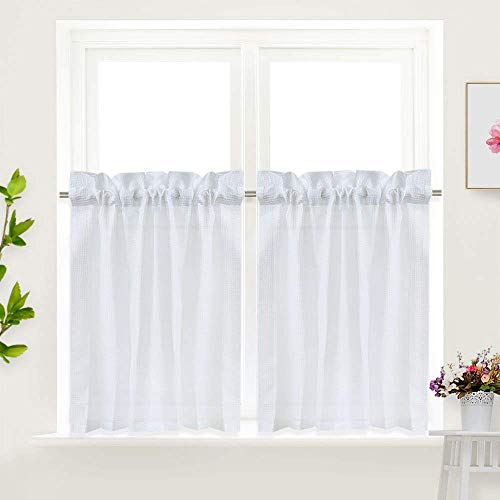 Book Cover IDEALHOUSE White Tier Curtains,Waffle Woven Textured Short Window Curtain for Cafe,Bathroom,Kitchen & Kids Bedroom Rod Pocket Curtains (2 Panels, 30Inch Wide by 36Inch Long)