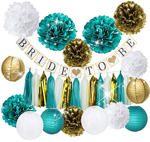 Book Cover Furuix Bride Shower Decorations Bride to Be Banner White Teal Gold Tissue Pom Pom Paper Lanterns Tassel Garland for Hen Party/Bachelorette Party Decorations Kit - Bridal Shower Supplies