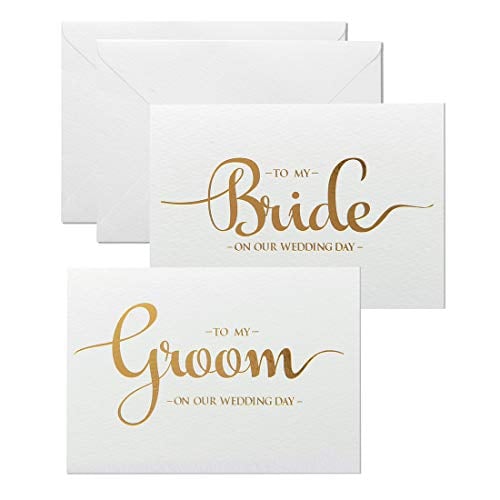 Book Cover MAGJUCHE Wedding Day Cards Set, Gold Foiled to My Bride and to My Groom Wedding Vow Card with Envelopes