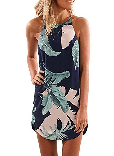 Book Cover Asvivid Womens Halter Palm Leaf Floral Casual Dresses Summer Beach Dress Sleeveless Short Sundresses XS-XL