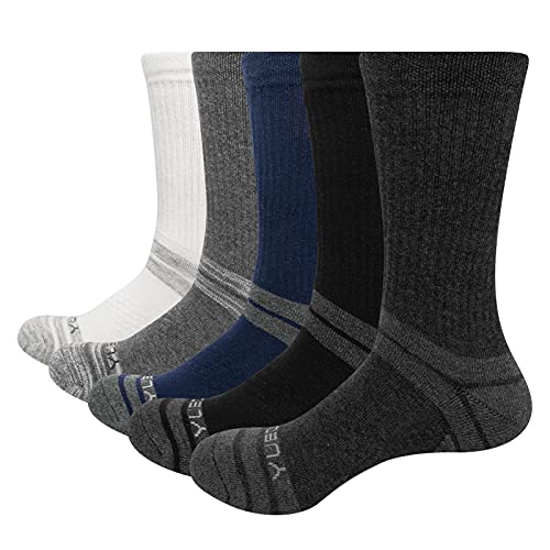 Book Cover YUEDGE Mens Hiking Socks Moisture Wick Cotton Cushioned Tennis Athletic Sports Crew Socks for Men Size 8-10 5 Pairs/Pack