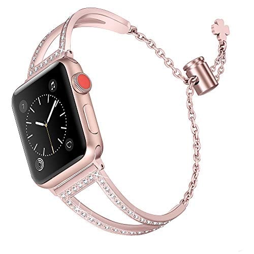 Book Cover Secbolt Bling Bands Compatible with Apple Watch Band 38mm 40mm iWatch SE Series 6/5/4/3/2/1, Women Dressy Metal Jewelry Bracelet Bangle Wristband Stainless Steel, Rose Gold