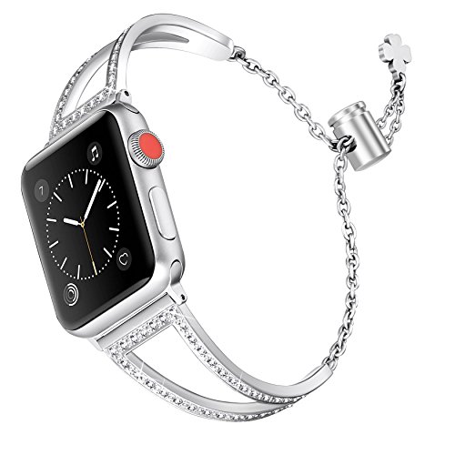 Book Cover Secbolt Bling Bands Compatible with Apple Watch Band 38mm 40mm iWatch SE Series 6/5/4/3/2/1, Women Dressy Metal Jewelry Bracelet Bangle Wristband Stainless Steel, Silver