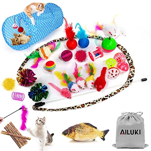 Book Cover 31 PCS Cat Toys Kitten Toys Assortments,Variety Catnip Toy Set Including 2 Way Tunnel,Cat Feather Teaser,Catnip Fish,Mice,Colorful Balls and Bells for Cat,Puppy,Kitty