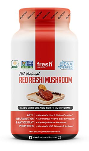 Book Cover Organic Reishi Mushroom Capsules - Strongest DNA Verified Formula - AHCC Rich in Alpha Glucan - Red Reishi Mushrooms - Ganoderma Lucidum & Ganoderma Applanatim - Third Party Tested - 90 Capsules/Pills