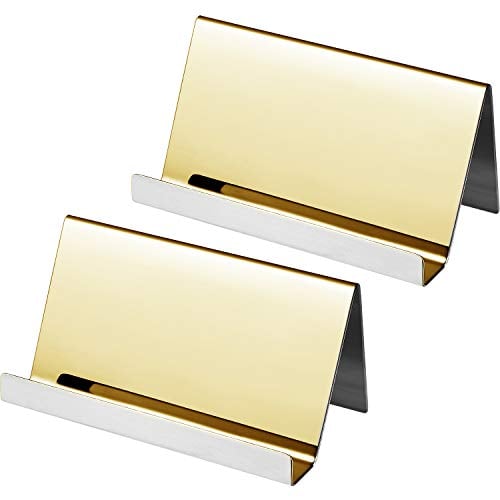 Book Cover Maxdot 2 Pack Stainless Steel Business Cards Holders Desktop Card Display Business Card Rack Organizer (Champagne Gold)