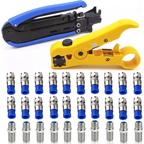 Book Cover Gaobige Coaxial Compression Tool Coax Cable Crimper Kit Adjustable rg6 rg59 rg11 75-5 75-7 Coaxial Cable Stripper with 20pcs F Male And 10pcs Female to Female rg6 Connectors