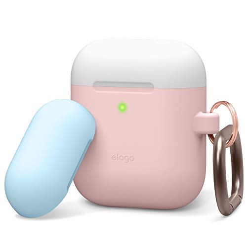 Book Cover elago Duo Hang Case Compatible with Apple AirPods Case 1 & 2, Carabiner Included, Supports Wireless Charging, 2 Color Caps + 1Body [White, Pastel Blue + Lovely Pink]