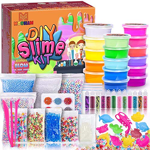 Book Cover MOOHAM DIY Slime Kit Supplies - Clear Crystal Slime Making Kit for Girls, Floam Slime for Kids, Slime Foam Beads, Glitter , Fruit Slices and Fishbowl Beads Included