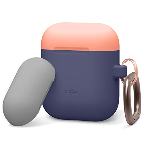 Book Cover elago Duo Hang Case Compatible with Apple AirPods Case 1 & 2, Carabiner Included, Supports Wireless Charging, 2 Color Caps + 1Body [Peach, Grey + Jean Indigo]