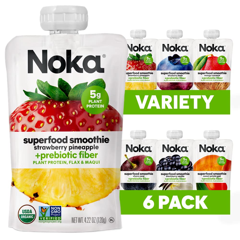Book Cover NOKA Superfood Pouches (6 Flavor Variety) 6 Pack | 100% Organic Fruit And Veggie Smoothie Squeeze Packs | Non GMO, Gluten Free, Vegan, 5g Plant Protein | 4.2oz Each