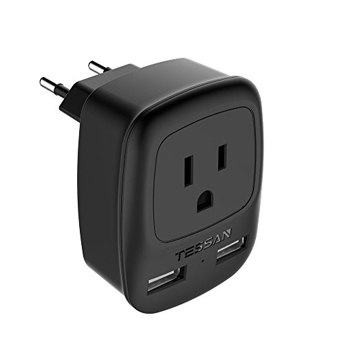 Book Cover TESSAN USA to Most of Europe Travel Plug Adapter with Dual USB Fast Charging Port (2.4A) - Europlug Type C Prong Adapter (Black)