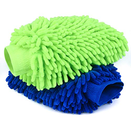 Book Cover Car Wash Mitt 2 Pack- Extra Large Size Clean Tools Kits- Premium Chenille Microfiber Winter Waterproof Cleaning Mitts- Washing Glove with Lint Free & Scratch Free ( Blue + Green )