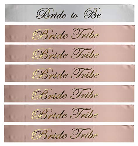 Book Cover [CBC Brand] Rose Gold 7 piece Bachelorette Party Sash Set: 6 x BRIDE TRIBE in Rose Gold Letters on Light Pink, 1 x BRIDE TO BE in Rose Gold Letters on White (Party Favors for Hen Party, Bridal Shower)