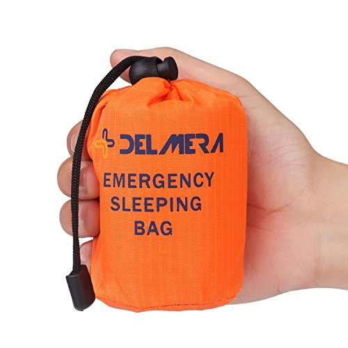 Book Cover Delmera Emergency Survival Sleeping Bag, Lightweight Waterproof Thermal Emergency Blanket, Bivy Sack with Portable Drawstring Bag for Outdoor Adventure, Camping, Hiking, Orange (Orange- one Pack)