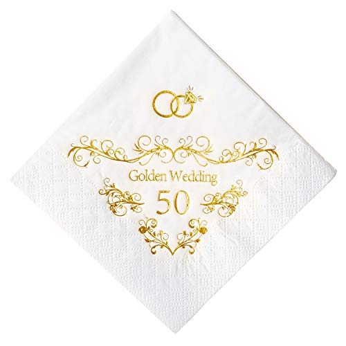 Book Cover Crisky 50th Wedding Anniversaray Napkins Golden Cocktail Beverage Napkins, 50th Wedding Anniversary Decorations for Candy Cake Table, 50 Pcs, 3-ply