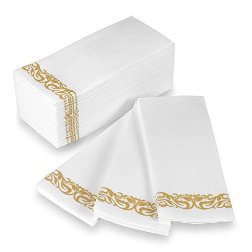 Book Cover Disposable Hand Towels and Decorative Bathroom Napkins with Floral Trim Perfect for Holidays, Dinners, Parties, Weddings, Catering Events, and Everyday Use, 100 Count, Gold