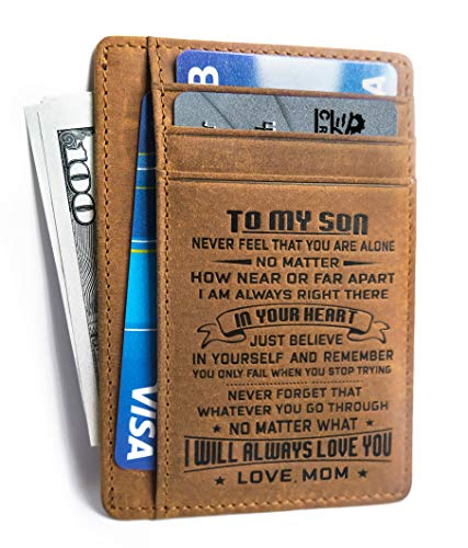 Book Cover Minimalist Wallets Gift for son from Mom Slim Wallet Cowhide wallet RFID Front Pocket Wallet (To my Son - Love Mom)