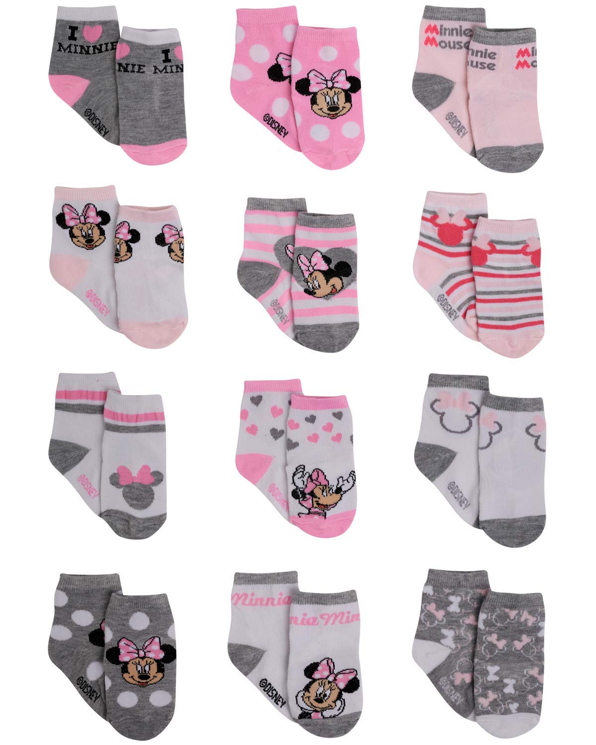 Book Cover Disney Baby Girl Socks - 12 Pack Minnie Mouse, Daisy Duck, Princess Socks for Infants - Newborn Essentials for Girls (0-24M) Minnie Mouse Pink/Grey 0-6 Months