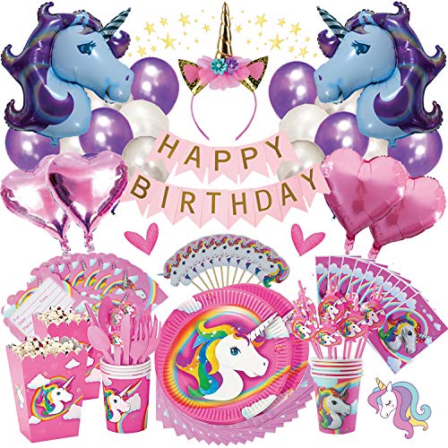 Book Cover Unicorn Party Supplies | 145 Piece | Birthday Balloons Decorations Kit | Disposable Tableware | Glittery Princess Headband | Tablecloth, Plates Napkins Set | Fiesta De Unicornio | Bundle for Girls