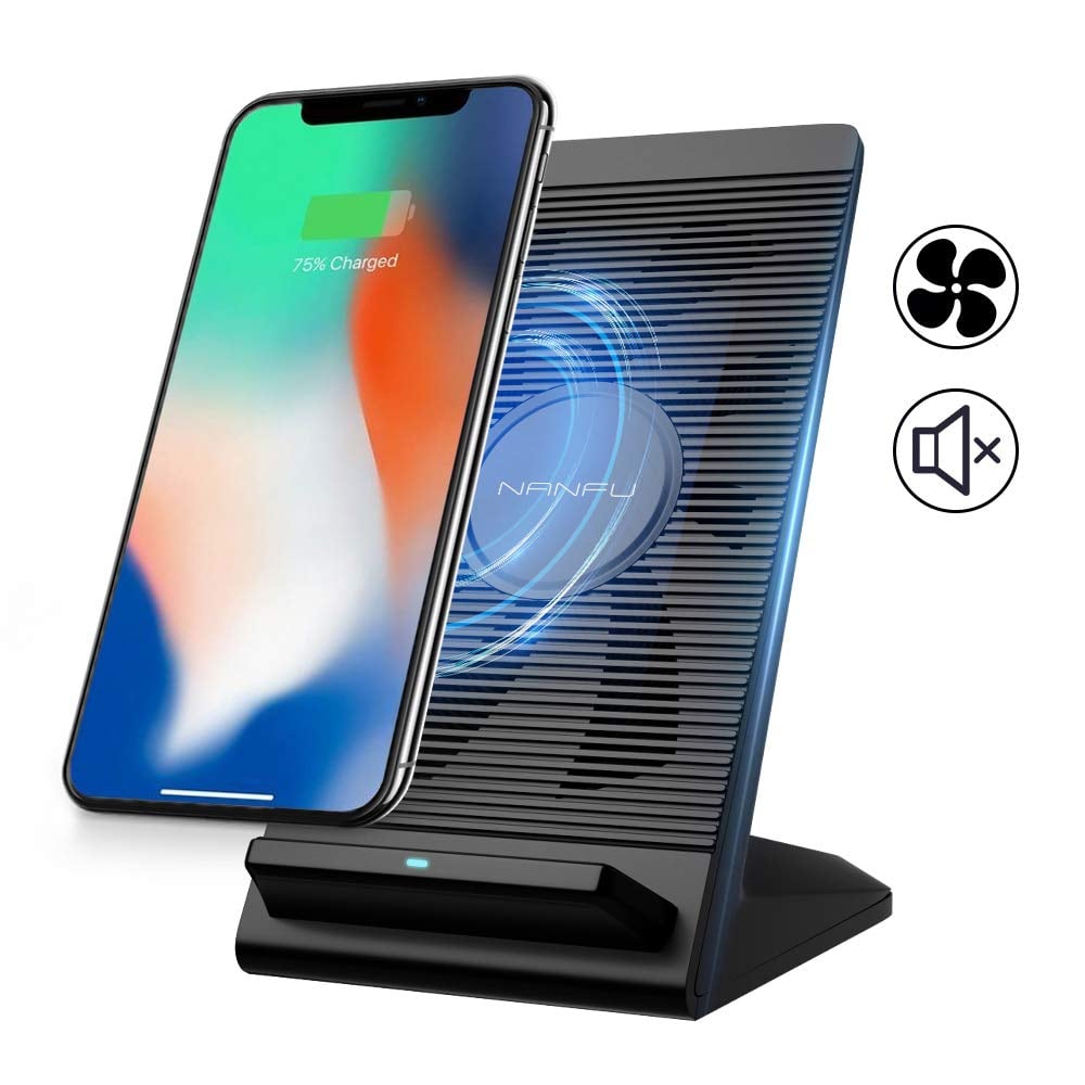 Book Cover NANFU Fast Wireless Charger, Qi Wireless 7.5W Fast Charging Stand with Cooling Fan Compatible for iPhone XR/XS/XS Max/X/8/8P,10W Charges for Galaxy S9/S9+/S8 & All Other Qi-Certified Devices