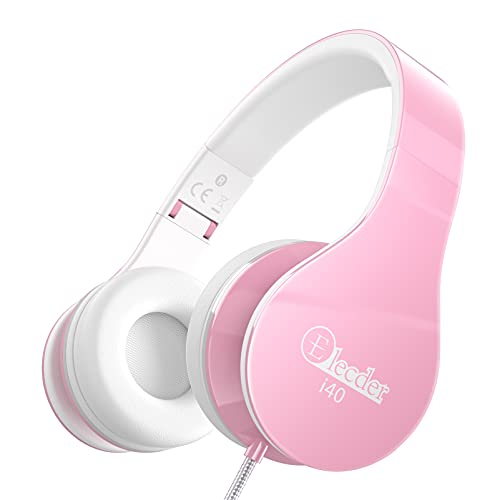 Book Cover ELECDER i40 Headphones with Microphone Foldable Lightweight Adjustable Wired On Ear Headsets with 3.5mm Jack for Cellphones Laptop Computer Smartphones MP3/4 Kindle School (Pink/White)
