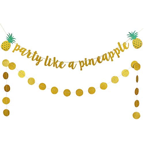 Book Cover Gold Glittery Party Like A Pineapple With Glitter Pineapple Banner and Gold Glittery Circle Dots Garland -Hawaiian Tropical Luau Beach Summer Theme Party Decorations