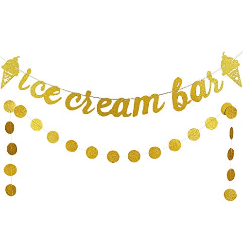 Book Cover Gold Glittery Ice Cream Bar Banner and Gold Glittery Circle Dots Garland for Ice Cream Theme Party Birthday Wedding Party Decoration