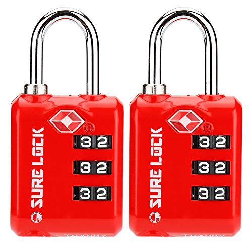 Book Cover SURE LOCK TSA Approved 3 Digit Luggage Locks With Zinc Alloy Body and Hardened Steel Shackle To Lock Travel Suitcase (RED 2 PACK)
