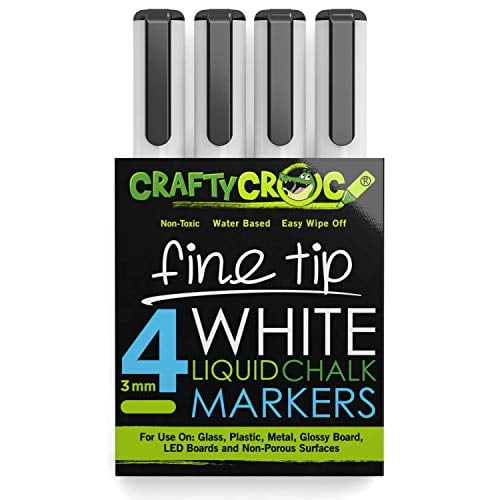 Book Cover Crafty Croc Fine Tip Chalk Markers - (Precise 3mm Tip, 4 White) - Erasable Dustless Liquid Chalk Ink Pens, Water-Based, Non-Toxic