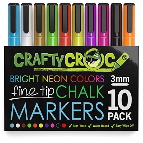 Book Cover Crafty Croc Fine Tip Chalk Markers - (Precise 3mm Tip, 10 Neon Colors) - Erasable Dustless Liquid Chalk Ink Pens, Water-Based, Non-Toxic