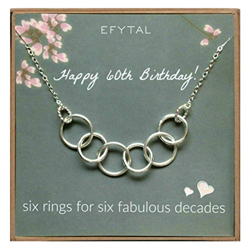 Book Cover EFYTAL Happy 60th Birthday Gifts for Women Necklace, Sterling Silver 6 Rings six Decades Necklaces Gift Ideas