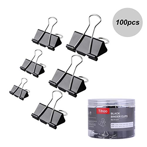 Book Cover 100pcs Paper Binder Clips, Heavy Duty Metal Paper Clamps for Paperwork, Document, Letter, School Use, Office Supplies, Mini, Small, Medium, Large, Extra Large 6 Assorted Sizes, Black