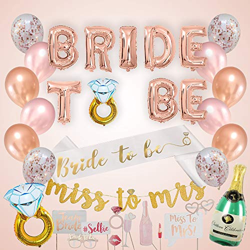 Book Cover S2 Shoppe Bachelorette Party Decorations Kit | Bridal Shower | Bride to Be Sash, Veil, Champagne, Ring Foil Balloon, Rose Pearl Confetti Gold Balloons, Gold Glitter Miss to Mrs Banner | Photo Props