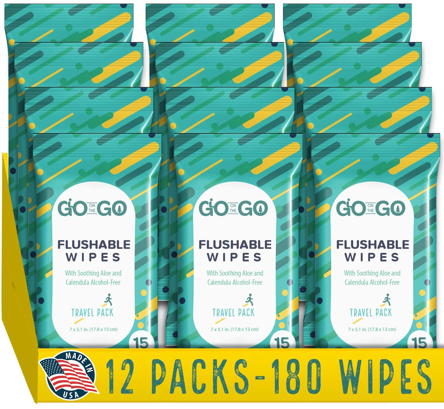 Book Cover Go on the Go Flushable Wet Wipes for Travel - Travel Flushable Wipes, Biodegradable, Alcohol-Free, with Soothing Aloe and Calendula - Made in the USA - 12 Packs of 15 Count Each (180 Wipes Total)