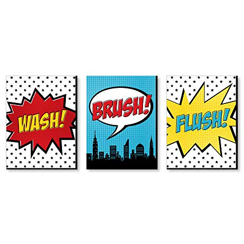 Book Cover Big Dot of Happiness Bam Superhero - Kids Bathroom Rules Wall Art - 7.5 x 10 inches - Set of 3 Signs - Wash, Brush, Flush