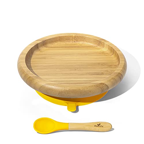 Book Cover Avanchy Baby Toddler Feeding Plates Suction Stay Put Not Divided Classic Bamboo Plate + Baby Spoon - Great Baby Gift Set (Yellow)
