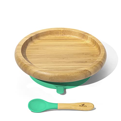 Book Cover Avanchy Classic Bamboo Baby Plate & Bamboo Spoon - 9 Months and Older - Bamboo Plate - Silicone Suction - 8