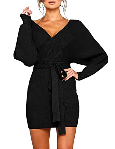 Book Cover Mansy Women's Sexy Cocktail Batwing Long Sleeve Backless Mock Wrap Knit Sweater Mini Dress