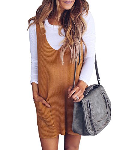 Book Cover Imily Bela Womens Ribbed Deep V Neck Knitted Shift Dress Tank Vest Sweater