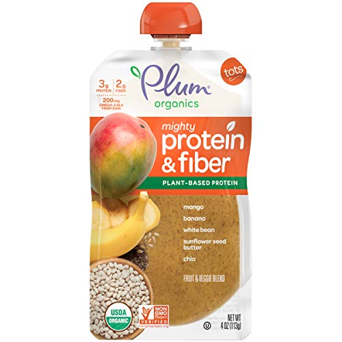 Book Cover Plum Organics Mighty Protein & Fiber, Organic Toddler Food, Mango, Banana, White Bean, Sunflower Seed Butter & Chia, 4 Ounce, Pack of 12