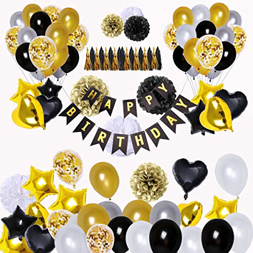 Book Cover BRT Bearingshui Black and Gold Party Decorations(90Pcs) Happy Birthday Banner Star Heart Foil Balloons 18th 20th 30th 40th 50th 60th 70th Birthday Decorations Birthday Balloons