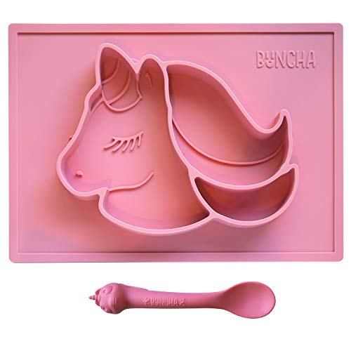 Book Cover BUNCHA Suction Plates for Toddlers, Silicone placemats Designed for Baby led weaning. Includes Matching Baby Spoon Pink Unicorn