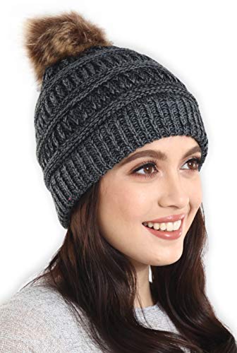 Book Cover Pom Pom Beanie Winter Hat For Women - Faux Fur Pompom Warm, Thick & Chunky Soft Cable Knit Hats - Cute & Trendy Cold Weather Knitted Caps - Stylish & Trendy Snow & Ski Beanies for Ladies